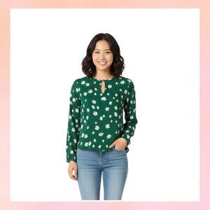 Liz Claiborne Floral Keyhole Blouse Green White Long Sleeve Top Size- Large